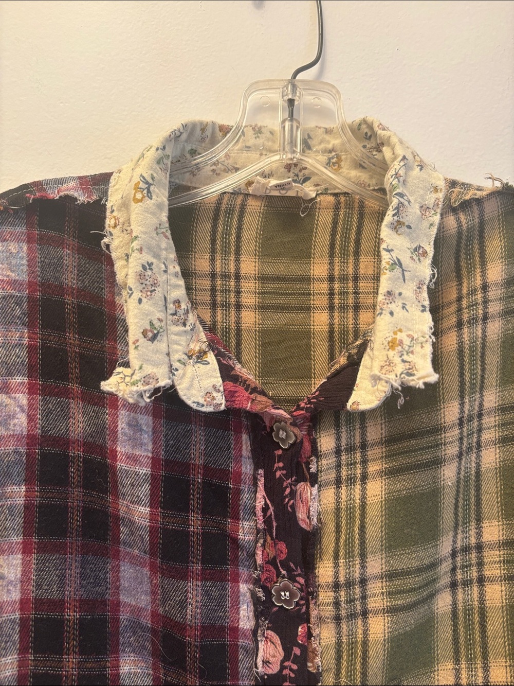 POL | Patchwork Plaid & Floral Jean Jacket in Olive, Burgundy, Cream Sz L - Picture 6 of 10